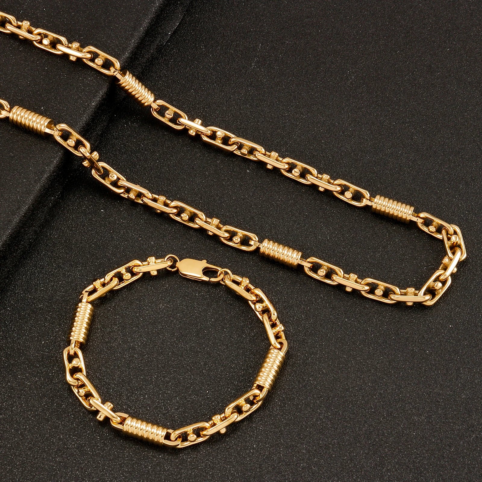 Golden Cuban Link Chain Necklace & Bracelet Set | Stainless Steel Fashion Jewelry