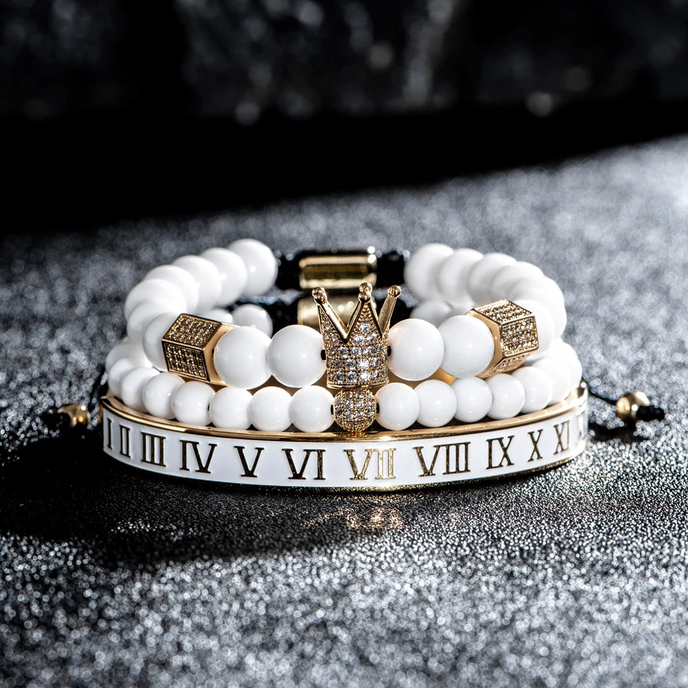Luxury Crystal Crown Gold Bracelet – White Enamel & Roman Numeral Design | Stainless Steel Beaded Bracelet for Men
