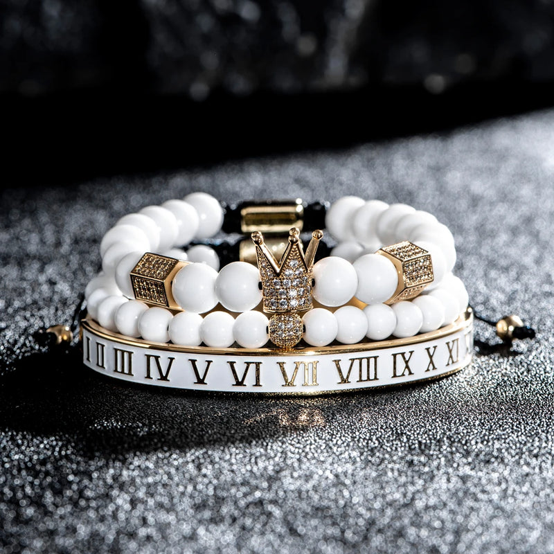 Luxury Crystal Crown Gold Bracelet – White Enamel & Roman Numeral Design | Stainless Steel Beaded Bracelet for Men
