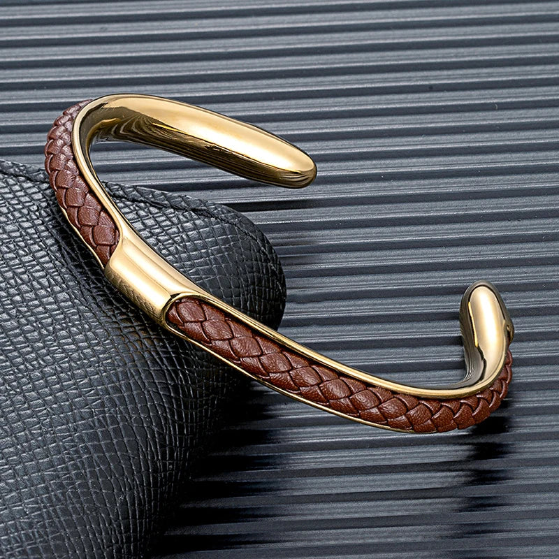 Men's Leather Bracelet with Stainless Steel Cuff