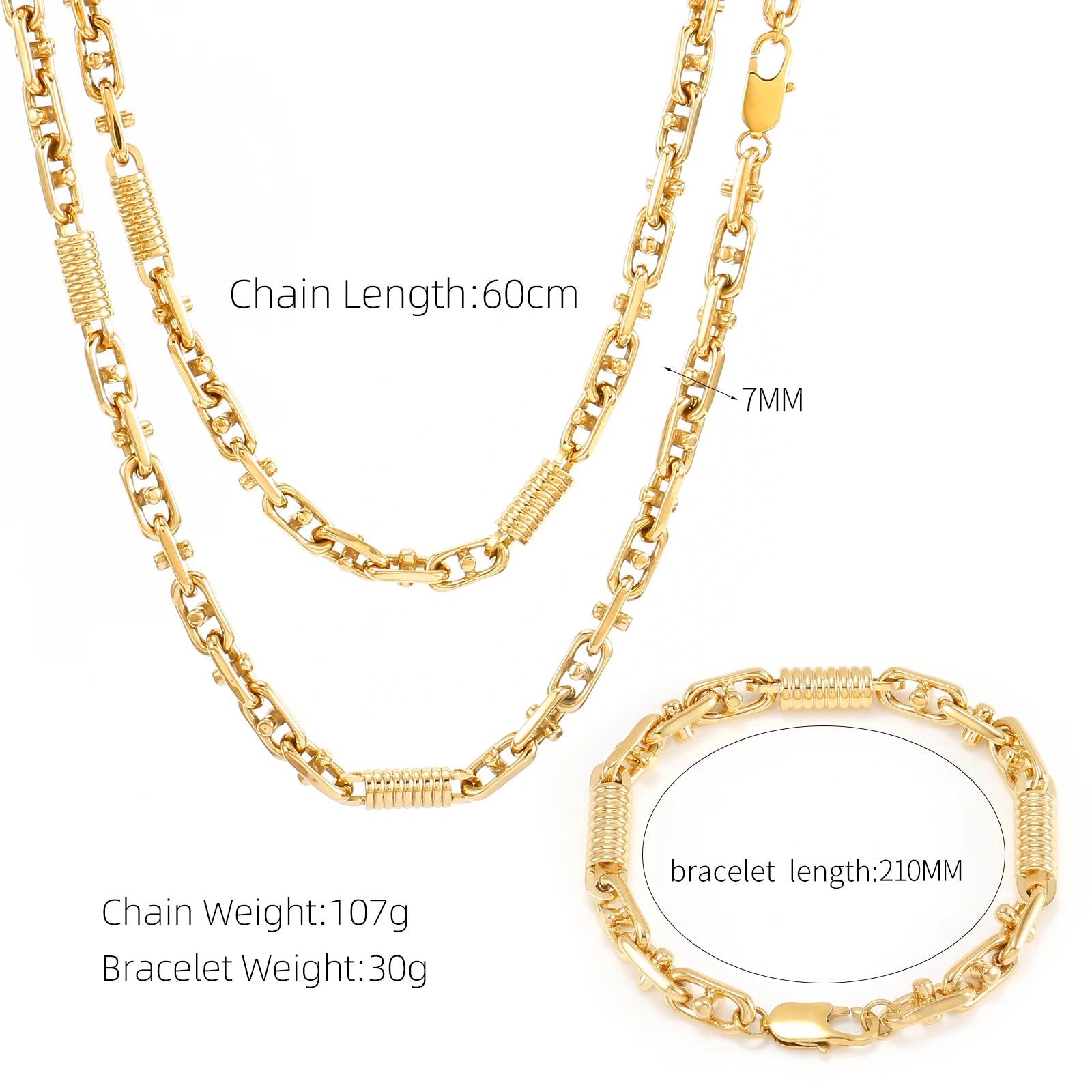 Golden Cuban Link Chain Necklace & Bracelet Set | Stainless Steel Fashion Jewelry