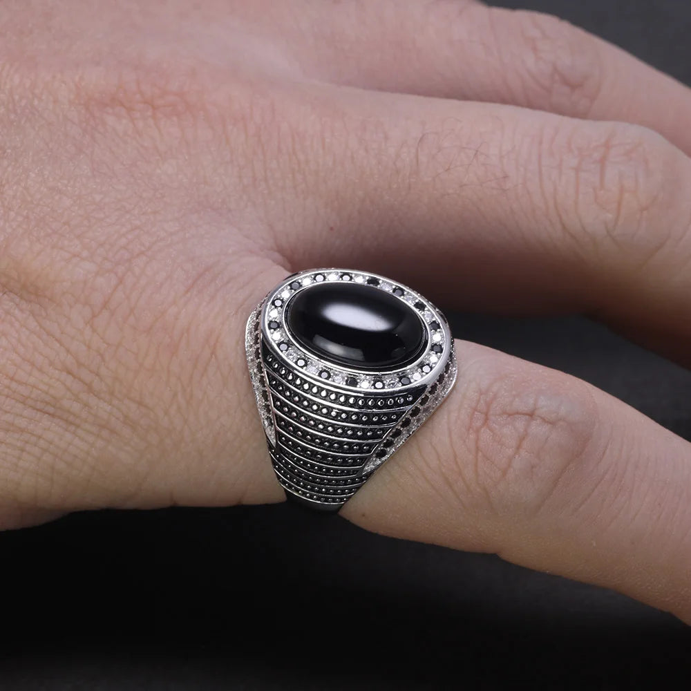 Men's Sterling Silver 925 Agate & Onyx Ring - Vintage 925 Silver Wedding Band