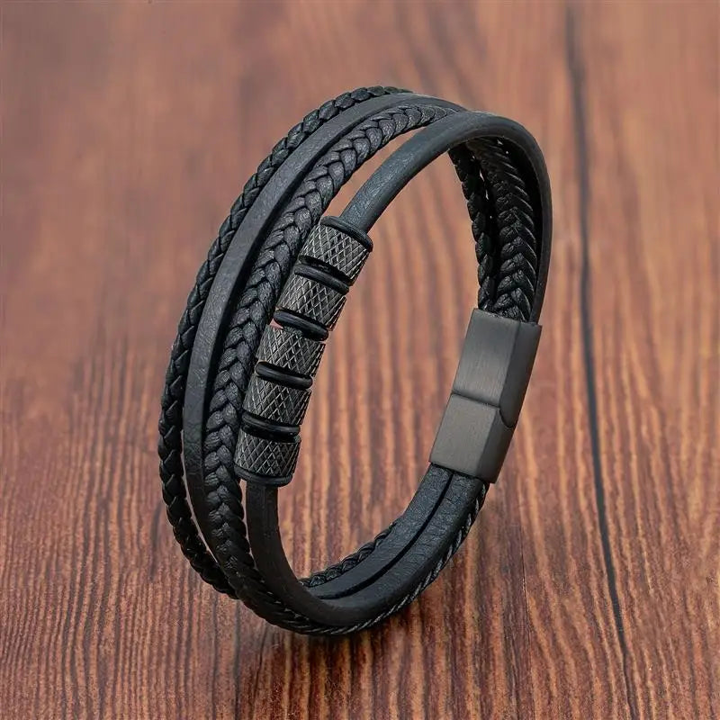 Classic Men's Leather Beaded Bracelet