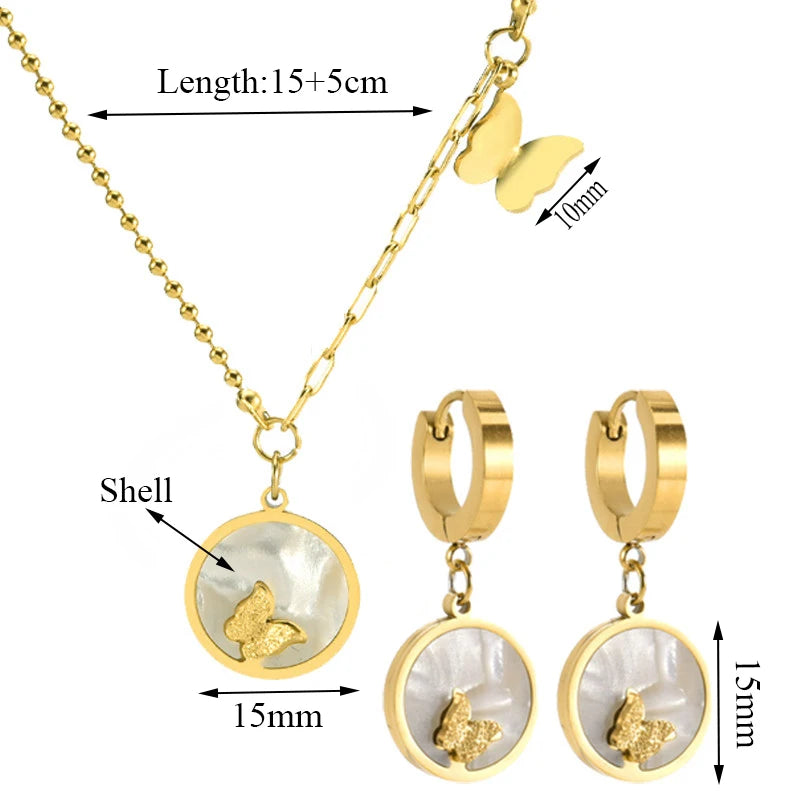 Stainless Steel Butterfly Jewelry Set - Gold Necklace & Earrings