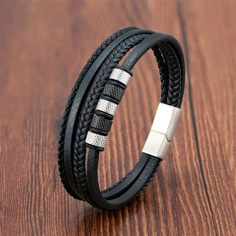 Classic Men's Leather Beaded Bracelet