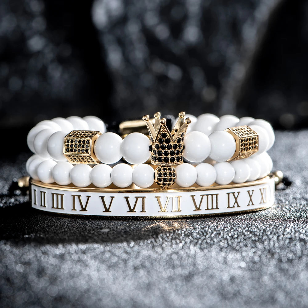 Luxury Crystal Crown Gold Bracelet – White Enamel & Roman Numeral Design | Stainless Steel Beaded Bracelet for Men