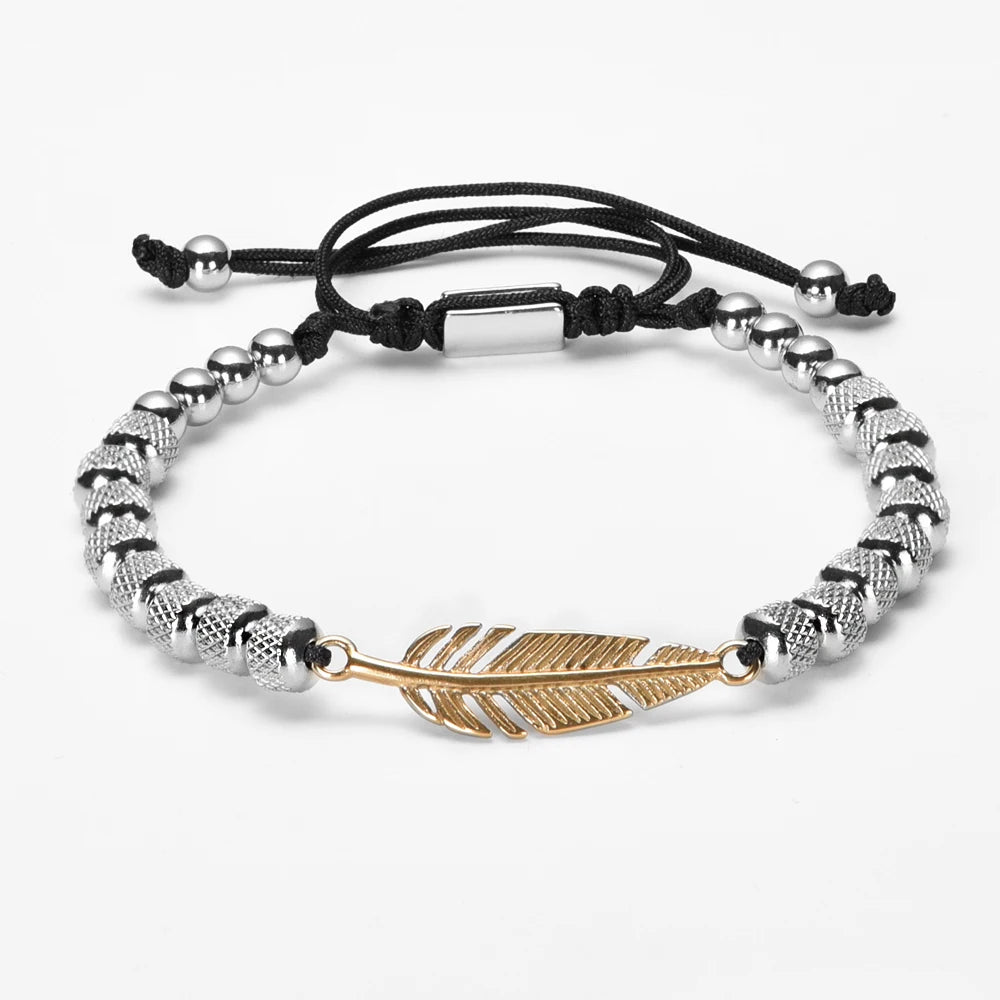 Feather Beaded Bracelet – Handmade Stainless Steel & Zircon Charm